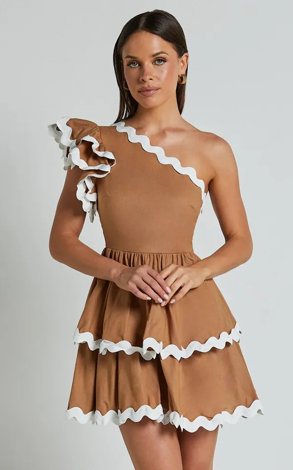 Showpo Bette Mini Dress 8211 One Shoulder Ruffle Detail Layered Dress In Tobacco Women Dresses Showpo Bette Mini Dress 8211 One Shoulder Ruffle Detail Layered Dress In Tobacco Women Dresses