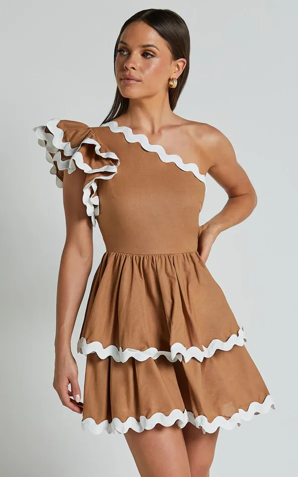 Showpo Bette Mini Dress 8211 One Shoulder Ruffle Detail Layered Dress In Tobacco Women Dresses