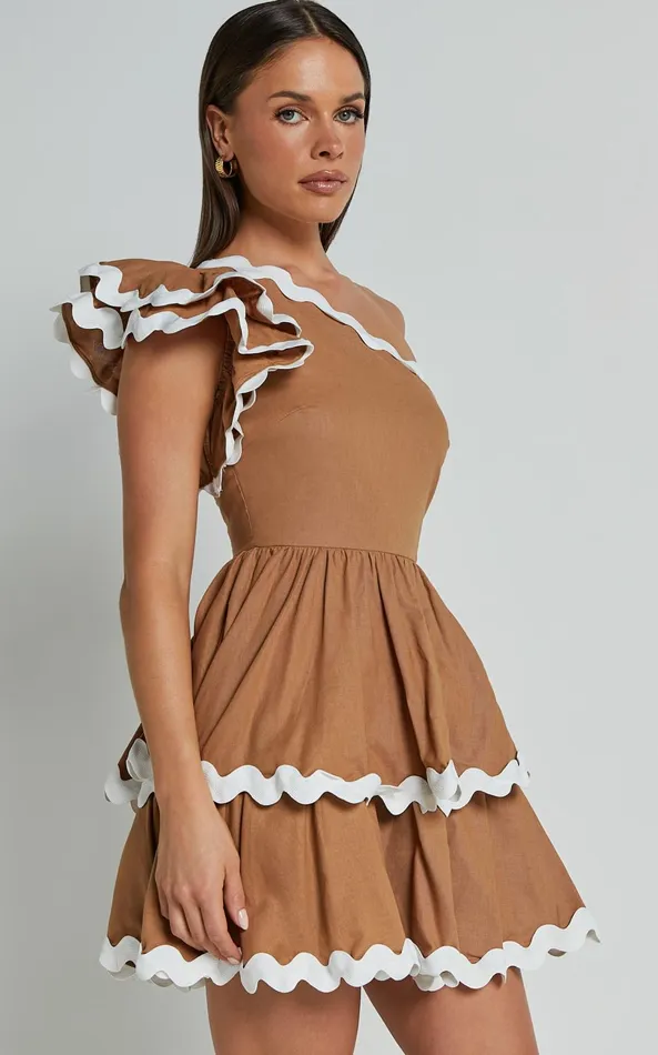 Showpo Bette Mini Dress 8211 One Shoulder Ruffle Detail Layered Dress In Tobacco Women Dresses