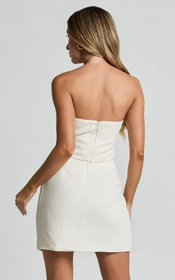 Showpo Bettina Two Piece Set 8211 Strapless Boucle Bow Top And Mini Skirt Set In Cream Women Dresses