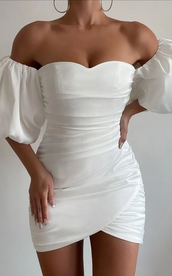 Showpo Betty Mini Dress 8211 Off Shoulder Puff Sleeve Gathered Dress In White Women Curve Clothes Showpo Betty Mini Dress 8211 Off Shoulder Puff Sleeve Gathered Dress In White Women Curve Clothes