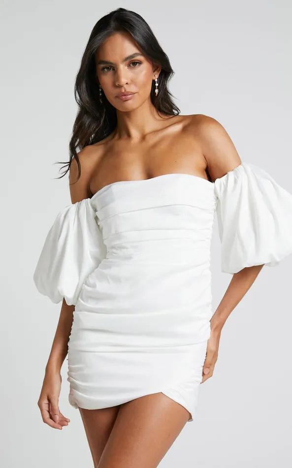 Showpo Betty Mini Dress 8211 Off Shoulder Puff Sleeve Gathered Dress In White Women Curve Clothes