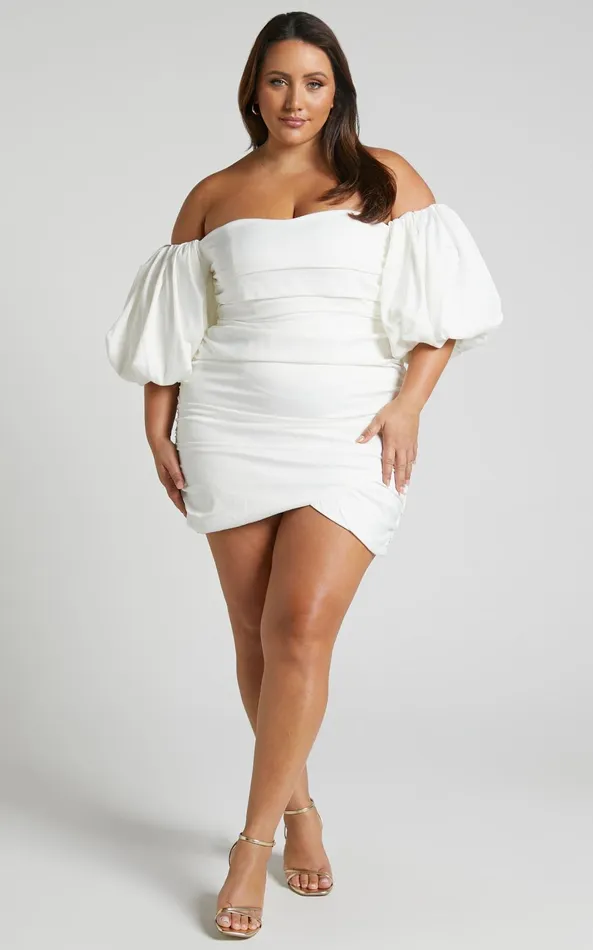 Showpo Betty Mini Dress 8211 Off Shoulder Puff Sleeve Gathered Dress In White Women Curve Clothes