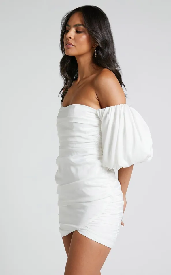 Showpo Betty Mini Dress 8211 Off Shoulder Puff Sleeve Gathered Dress In White Women Curve Clothes