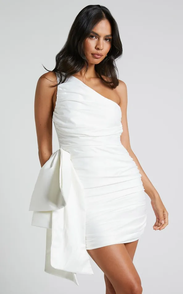 Showpo Betty Mini Dress 8211 One Shoulder Side Bow Gathered Dress In White Women Dresses