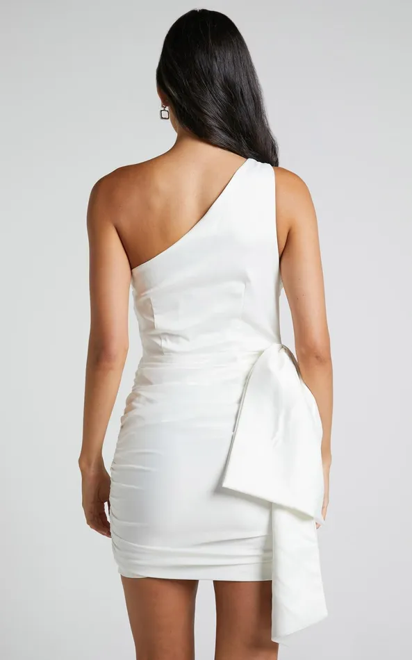 Showpo Betty Mini Dress 8211 One Shoulder Side Bow Gathered Dress In White Women Dresses