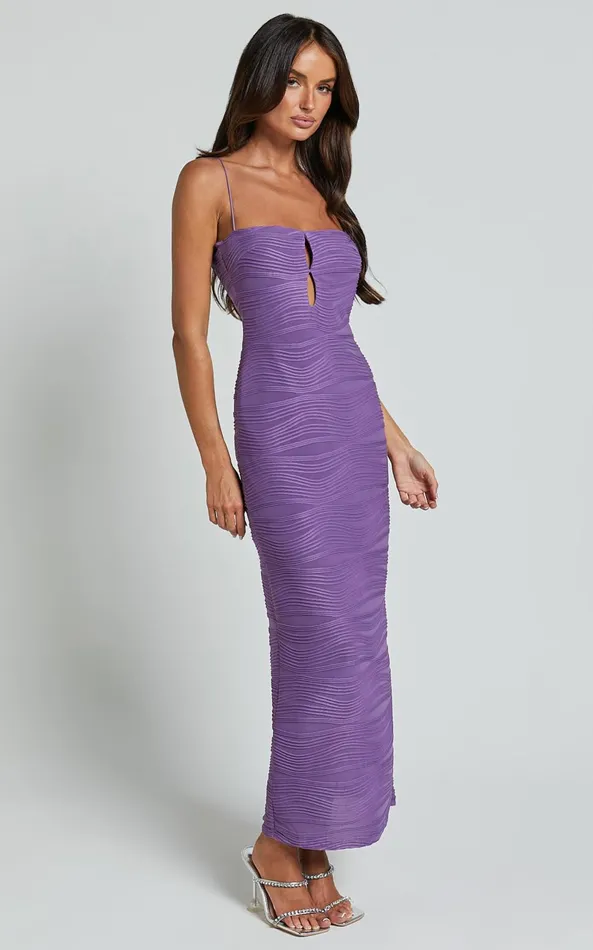 Showpo Beverly Midi Dress 8211 Textured Cut Out Dress In Purple Women Dresses