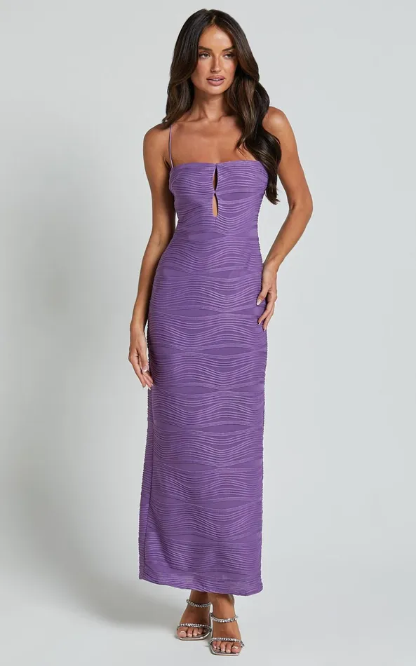 Showpo Beverly Midi Dress 8211 Textured Cut Out Dress In Purple Women Dresses