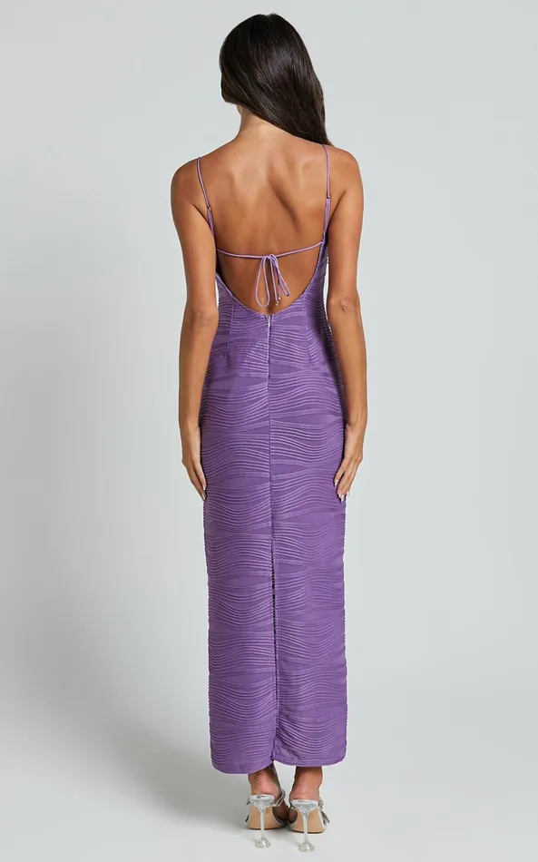 Showpo Beverly Midi Dress 8211 Textured Cut Out Dress In Purple Women Dresses