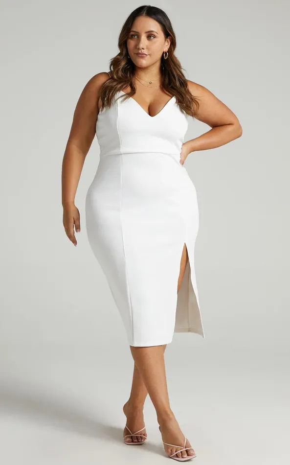 Showpo Big Ideas Thigh Split Bodycon Midi Dress In White Women Curve Clothes