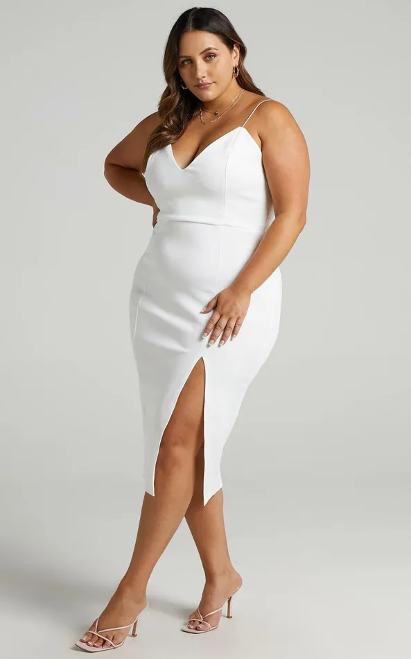 Showpo Big Ideas Thigh Split Bodycon Midi Dress In White Women Curve Clothes