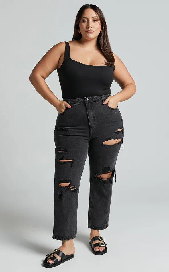 Showpo Billie Jeans 8211 High Waisted Cotton Distressed Mom Denim Jeans In Black Wash Women Curve Clothes
