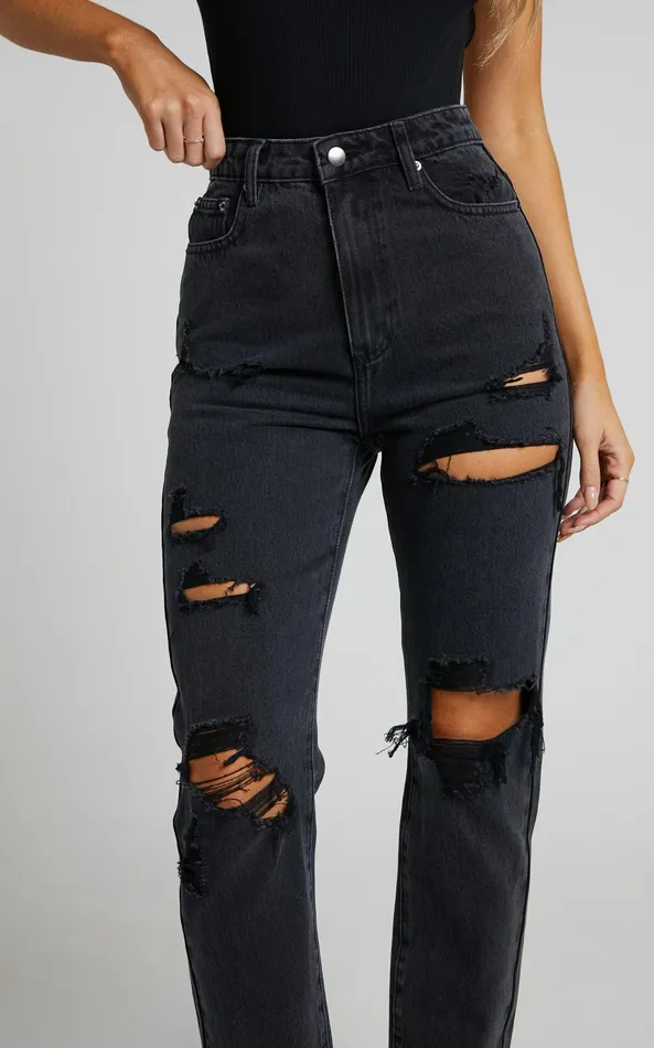 Showpo Billie Jeans 8211 High Waisted Cotton Distressed Mom Denim Jeans In Black Wash Women Curve Clothes