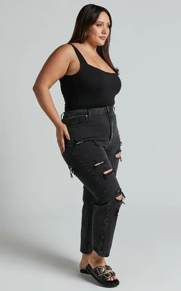 Showpo Billie Jeans 8211 High Waisted Cotton Distressed Mom Denim Jeans In Black Wash Women Curve Clothes