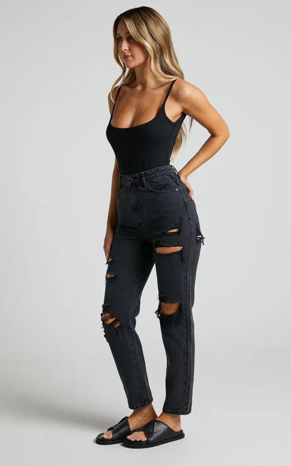 Showpo Billie Jeans 8211 High Waisted Cotton Distressed Mom Denim Jeans In Black Wash Women Curve Clothes