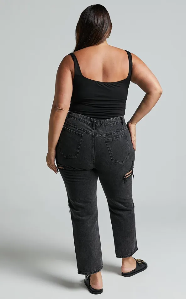 Showpo Billie Jeans 8211 High Waisted Cotton Distressed Mom Denim Jeans In Black Wash Women Curve Clothes