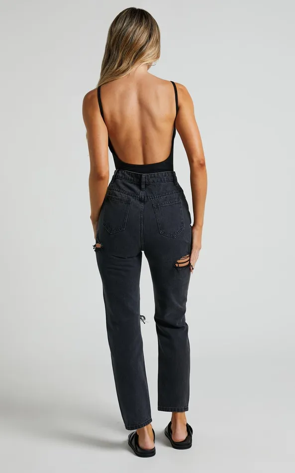 Showpo Billie Jeans 8211 High Waisted Cotton Distressed Mom Denim Jeans In Black Wash Women Curve Clothes