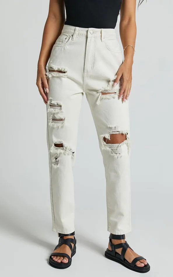 Showpo Billie Jeans 8211 High Waisted Cotton Distressed Mom Denim Jeans In Ecru Women Curve Clothes