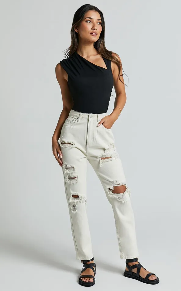 Showpo Billie Jeans 8211 High Waisted Cotton Distressed Mom Denim Jeans In Ecru Women Curve Clothes