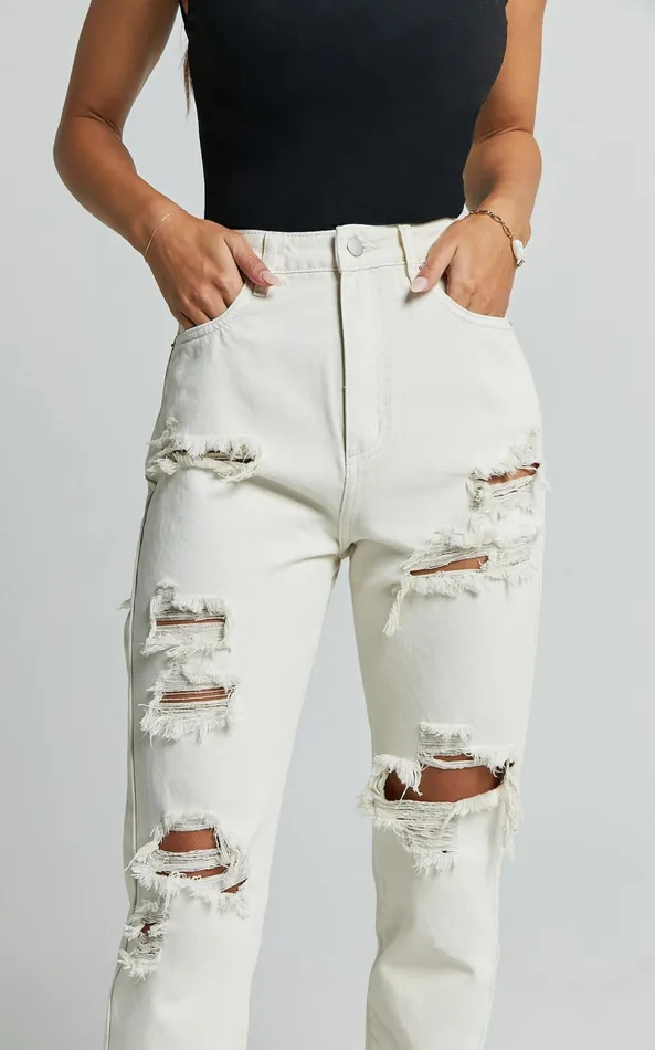 Showpo Billie Jeans 8211 High Waisted Cotton Distressed Mom Denim Jeans In Ecru Women Curve Clothes