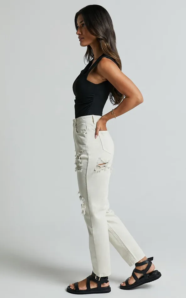 Showpo Billie Jeans 8211 High Waisted Cotton Distressed Mom Denim Jeans In Ecru Women Curve Clothes