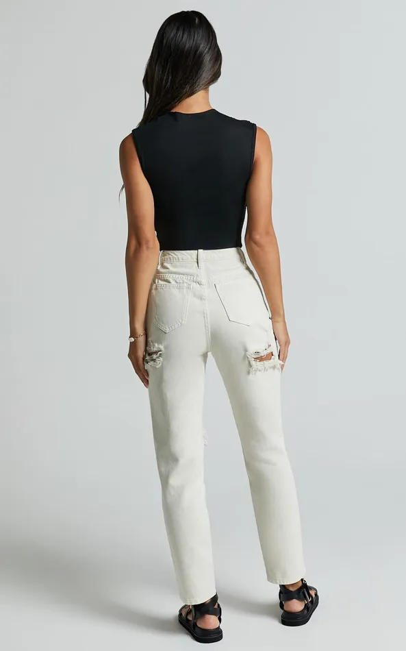 Showpo Billie Jeans 8211 High Waisted Cotton Distressed Mom Denim Jeans In Ecru Women Curve Clothes