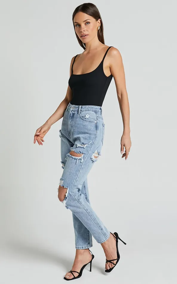 Showpo Billie Jeans 8211 High Waisted Cotton Distressed Mom Denim Jeans In Mid Blue Wash Women Curve Clothes