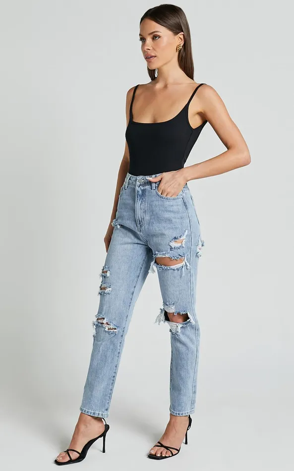 Showpo Billie Jeans 8211 High Waisted Cotton Distressed Mom Denim Jeans In Mid Blue Wash Women Curve Clothes