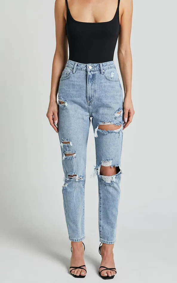 Showpo Billie Jeans 8211 High Waisted Cotton Distressed Mom Denim Jeans In Mid Blue Wash Women Curve Clothes