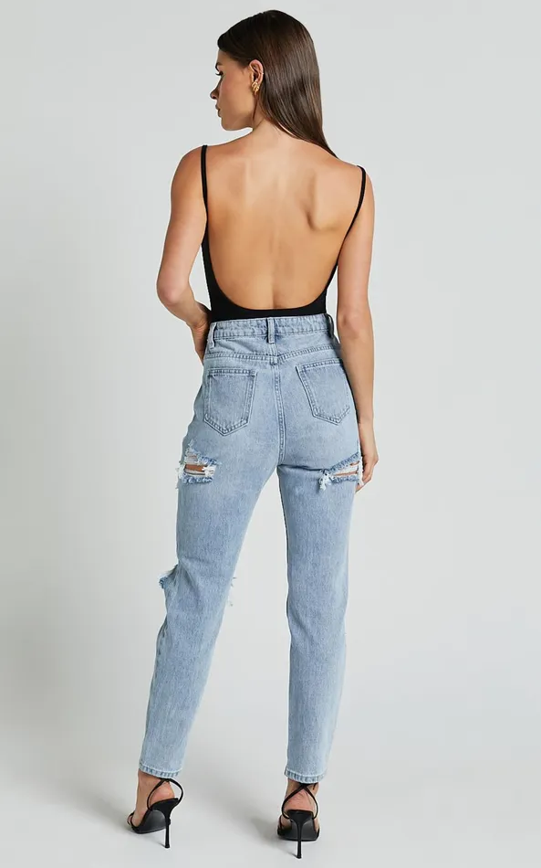Showpo Billie Jeans 8211 High Waisted Cotton Distressed Mom Denim Jeans In Mid Blue Wash Women Curve Clothes