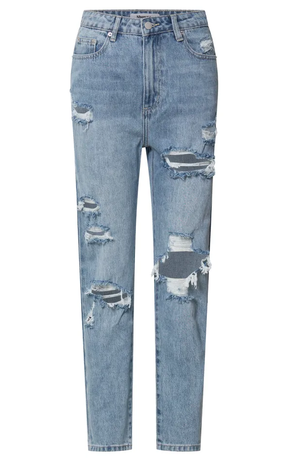 Showpo Billie Jeans 8211 High Waisted Cotton Distressed Mom Denim Jeans In Mid Blue Wash Women Curve Clothes