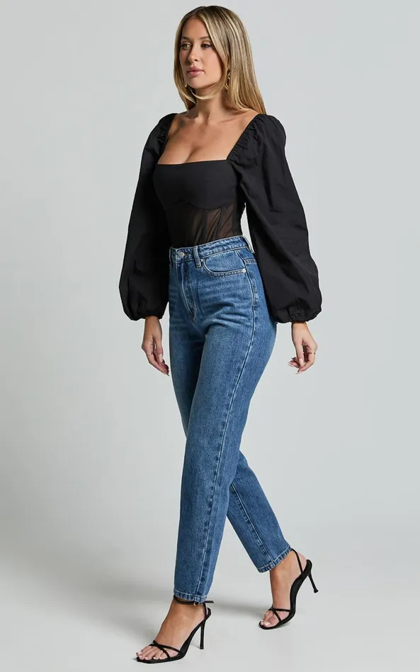 Showpo Billie Jeans 8211 High Waisted Recycled Cotton Mom Denim Jeans In Dark Blue Wash Women Curve Clothes