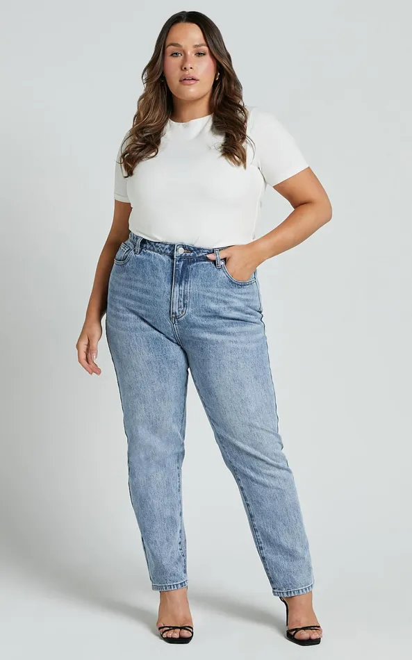 Showpo Billie Jeans 8211 High Waisted Recycled Cotton Mom Denim Jeans In Mid Blue Wash Women Curve Clothes