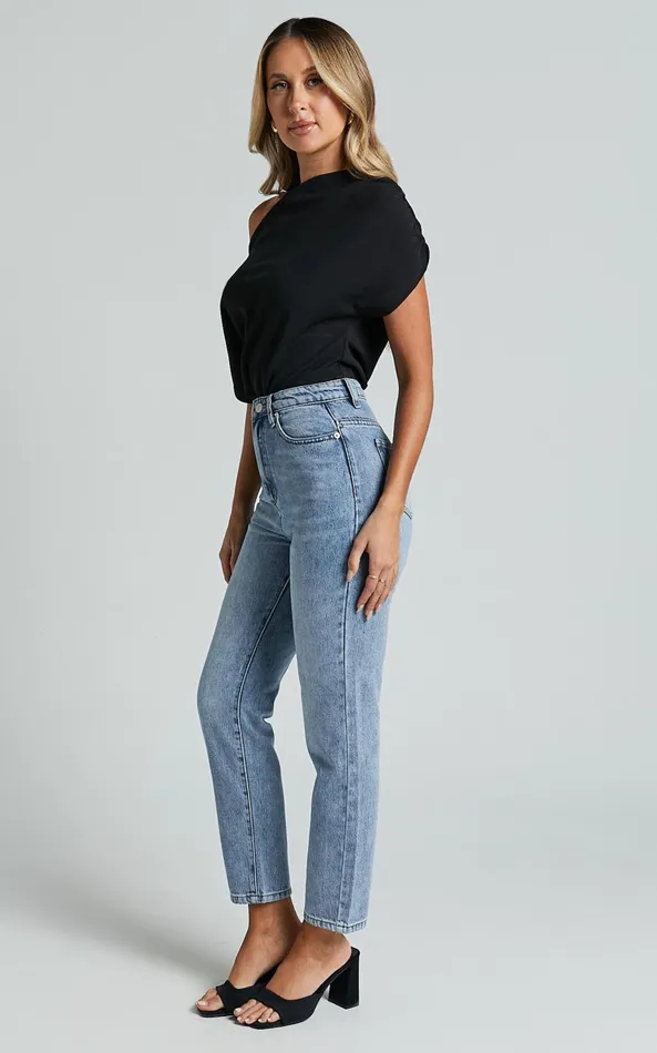 Showpo Billie Jeans 8211 High Waisted Recycled Cotton Mom Denim Jeans In Mid Blue Wash Women Curve Clothes