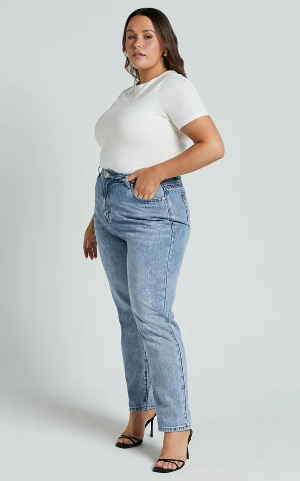 Showpo Billie Jeans 8211 High Waisted Recycled Cotton Mom Denim Jeans In Mid Blue Wash Women Curve Clothes
