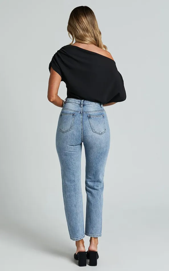 Showpo Billie Jeans 8211 High Waisted Recycled Cotton Mom Denim Jeans In Mid Blue Wash Women Curve Clothes
