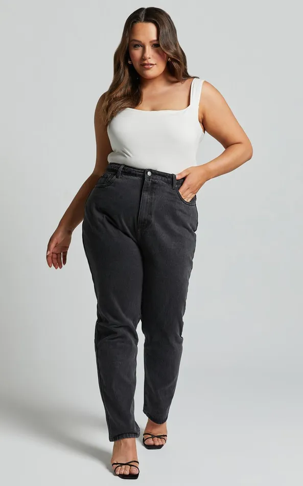 Showpo Billie Jeans 8211 High Waisted Recycled Cotton Mom Denim Jeans In Washed Black Women Curve Clothes