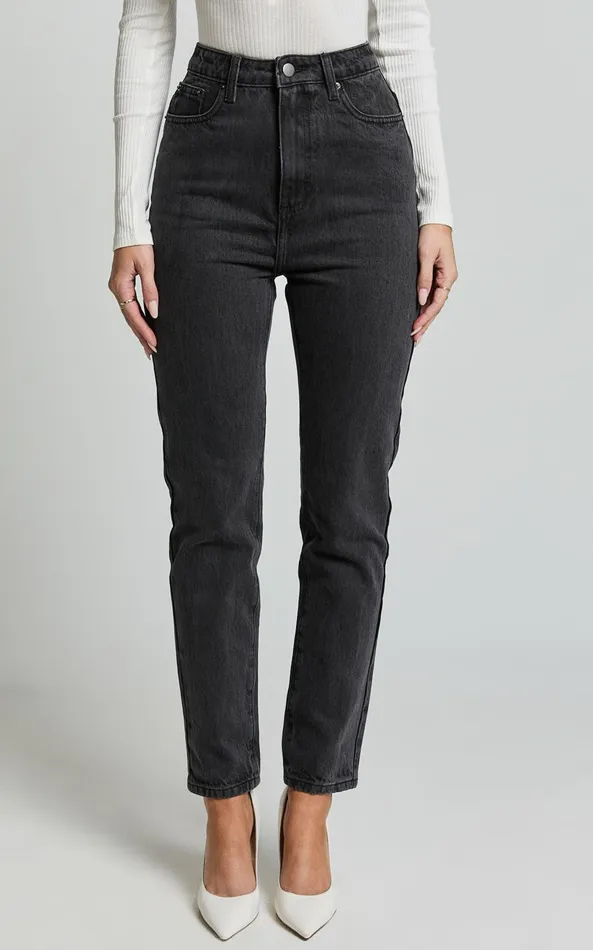 Showpo Billie Jeans 8211 High Waisted Recycled Cotton Mom Denim Jeans In Washed Black Women Curve Clothes