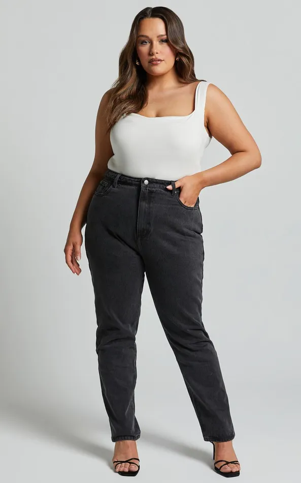 Showpo Billie Jeans 8211 High Waisted Recycled Cotton Mom Denim Jeans In Washed Black Women Curve Clothes
