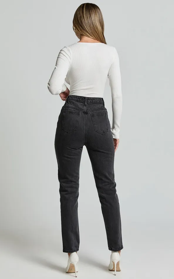 Showpo Billie Jeans 8211 High Waisted Recycled Cotton Mom Denim Jeans In Washed Black Women Curve Clothes