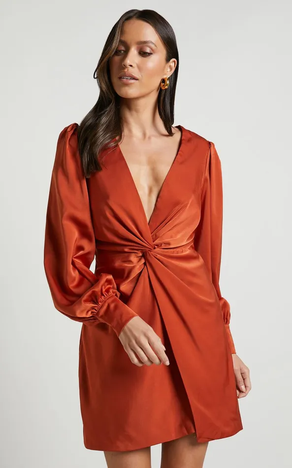 Showpo Billie Mini Dress 8211 Twist Front Long Puff Sleeves Dress In Copper Women Dresses Showpo Billie Mini Dress 8211 Twist Front Long Puff Sleeves Dress In Copper Women Dresses