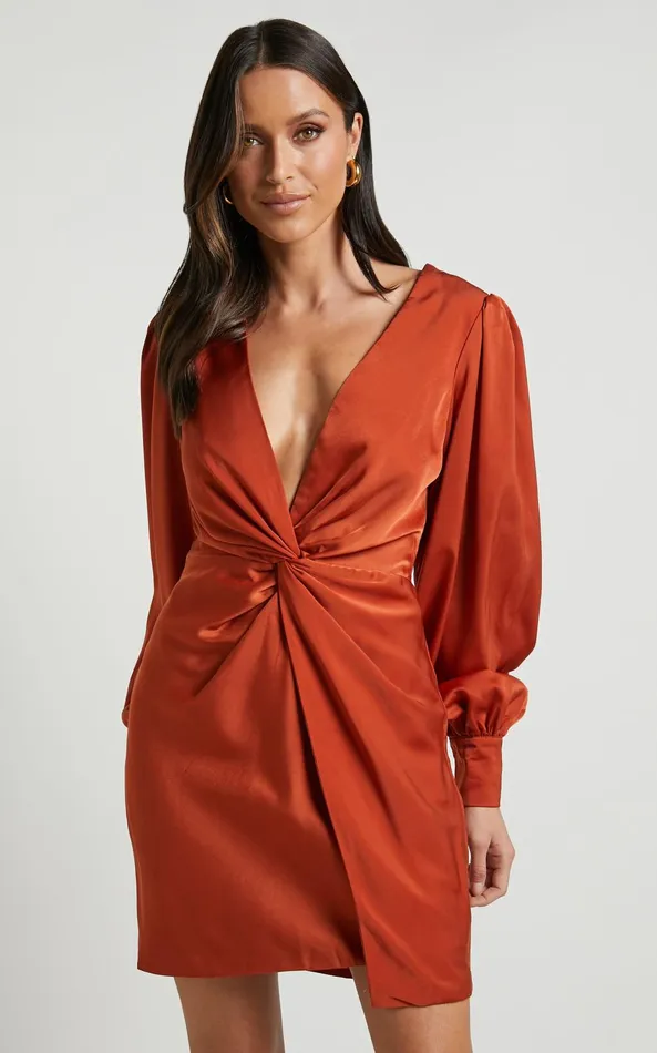 Showpo Billie Mini Dress 8211 Twist Front Long Puff Sleeves Dress In Copper Women Dresses