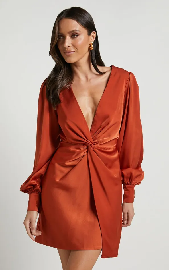 Showpo Billie Mini Dress 8211 Twist Front Long Puff Sleeves Dress In Copper Women Dresses