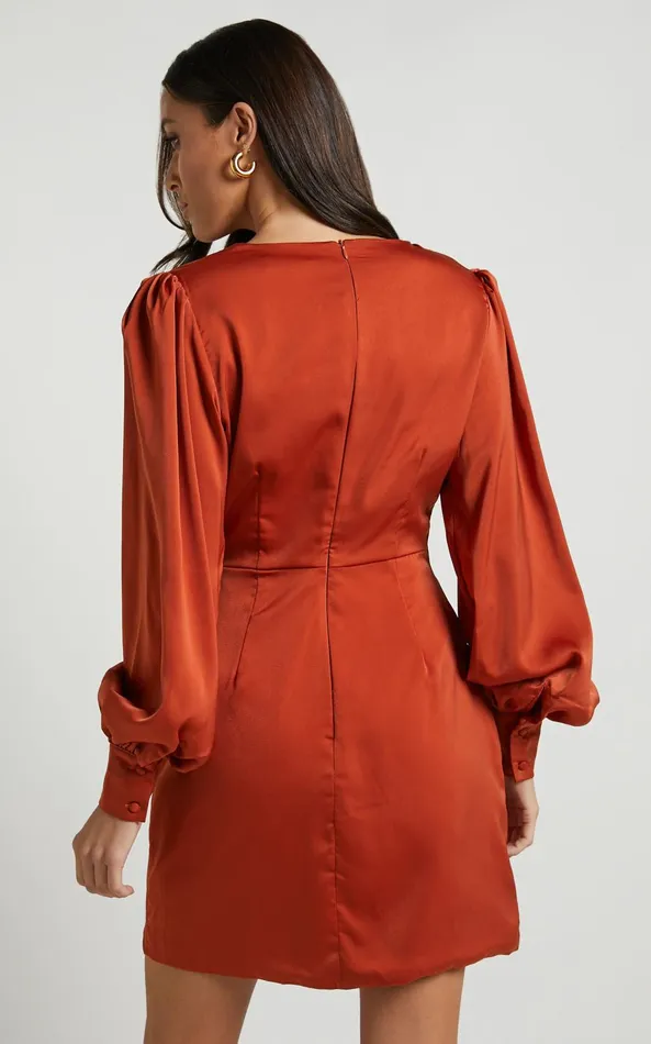 Showpo Billie Mini Dress 8211 Twist Front Long Puff Sleeves Dress In Copper Women Dresses