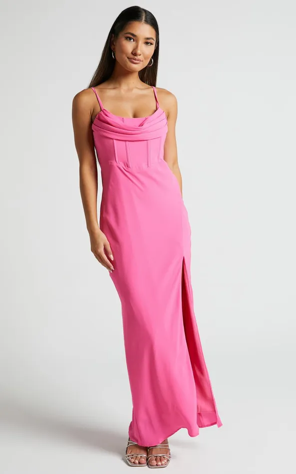 Showpo Blair Midi Dress 8211 Corset Detail Thigh Split Dress In Pink Women Dresses