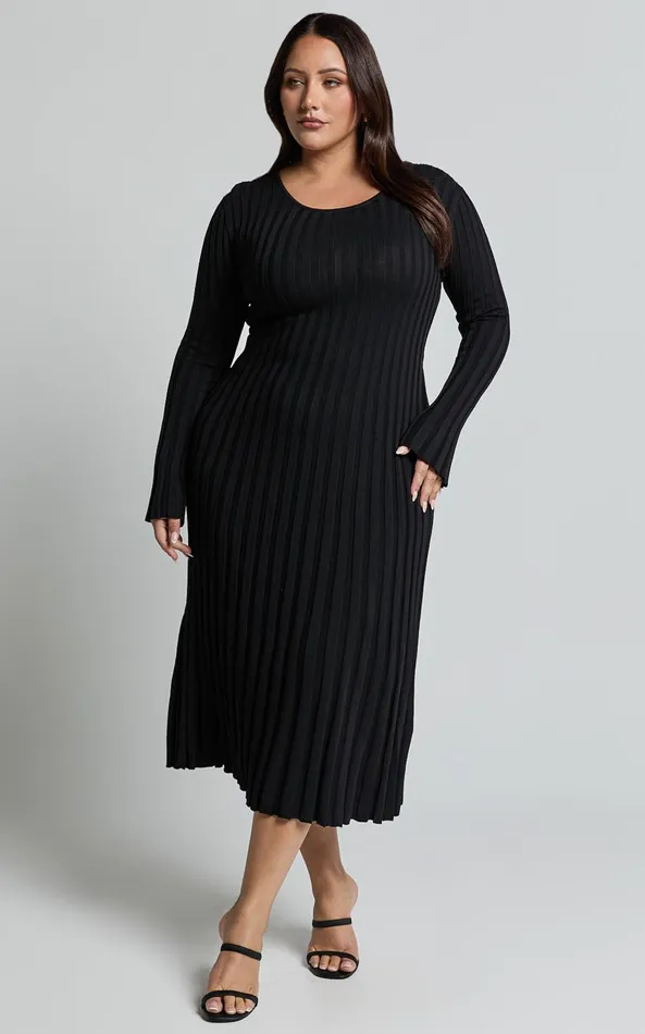 Showpo Blaire Midi Dress 8211 Long Sleeve Tie Back Flare Dress In Black Women Dresses