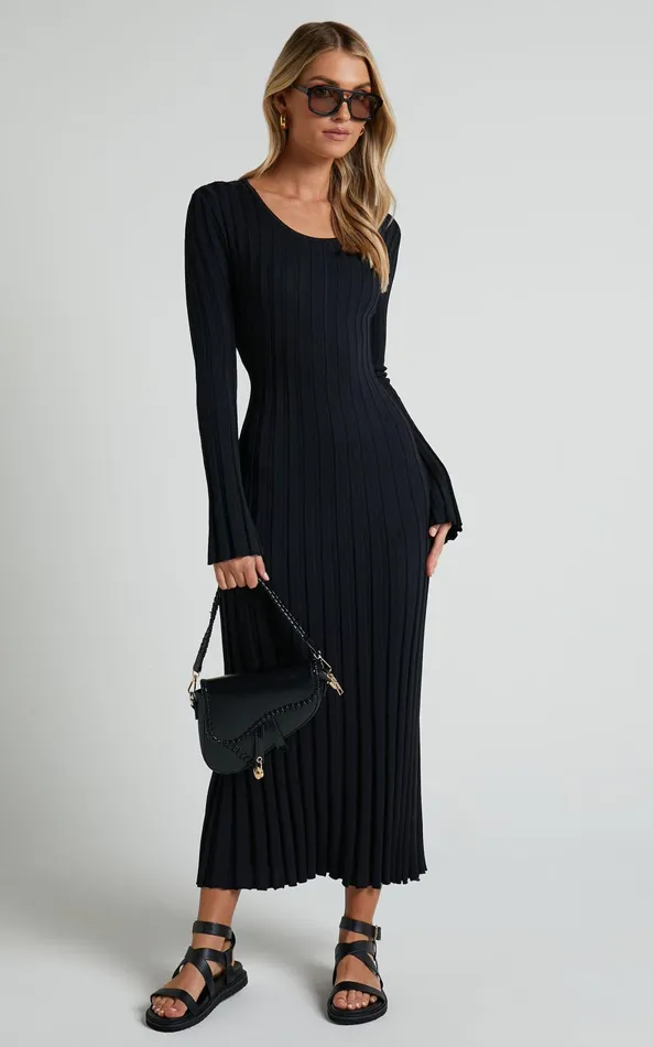 Showpo Blaire Midi Dress 8211 Long Sleeve Tie Back Flare Dress In Black Women Dresses