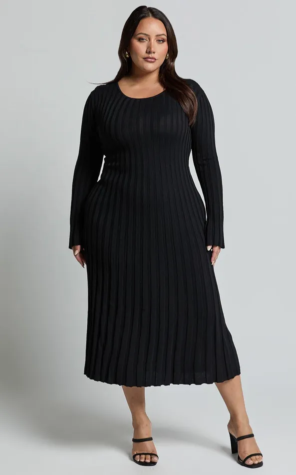 Showpo Blaire Midi Dress 8211 Long Sleeve Tie Back Flare Dress In Black Women Dresses