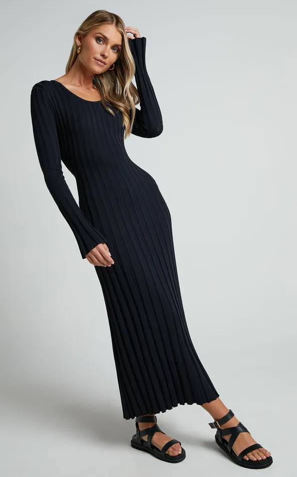 Showpo Blaire Midi Dress 8211 Long Sleeve Tie Back Flare Dress In Black Women Dresses