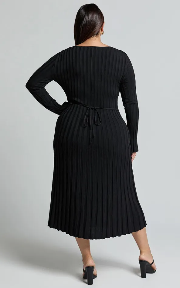 Showpo Blaire Midi Dress 8211 Long Sleeve Tie Back Flare Dress In Black Women Dresses